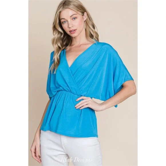 ❤️LAST! V Neck Wrap Front Cinched Elasticized Waist Ocean Blue Multi Use Top - Picture 3 of 6